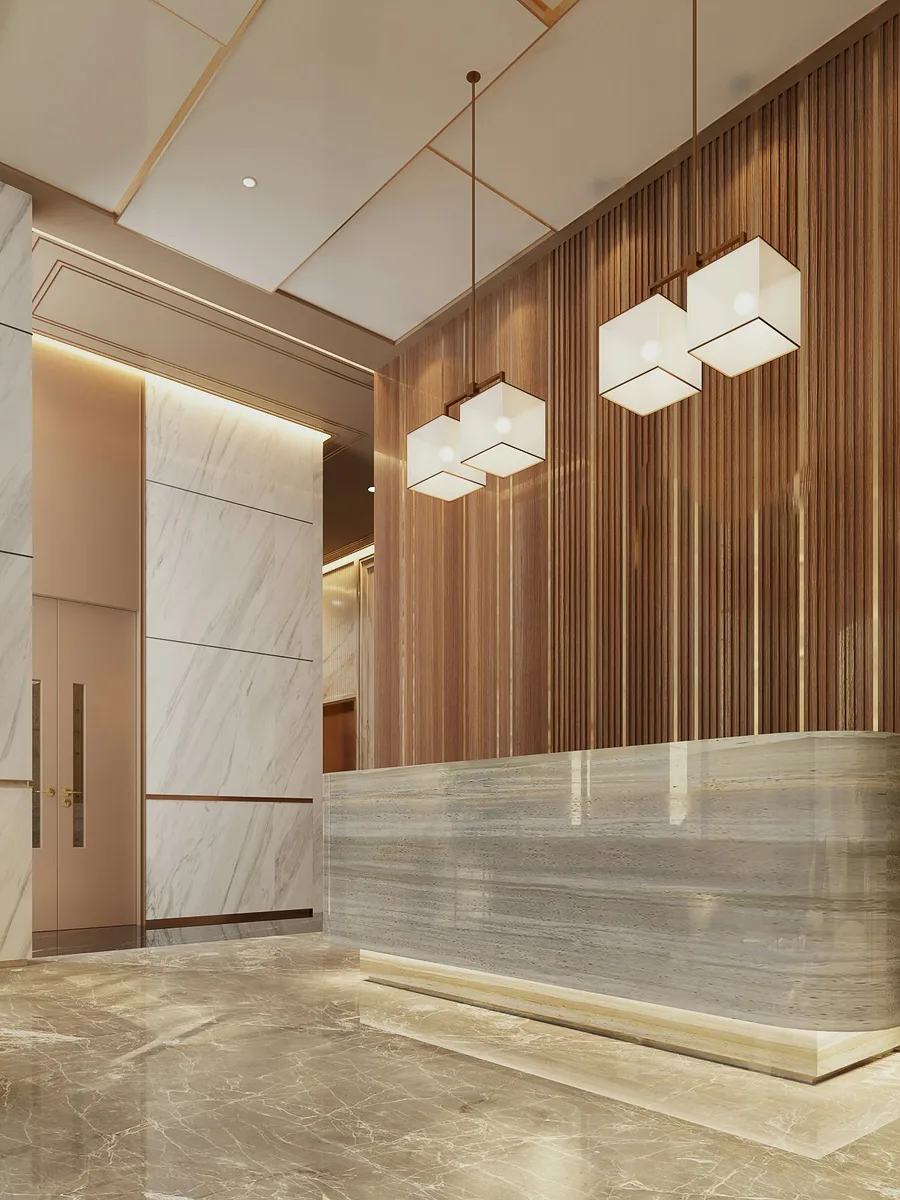 Hall de recepción de oficinas con acabado de mármol